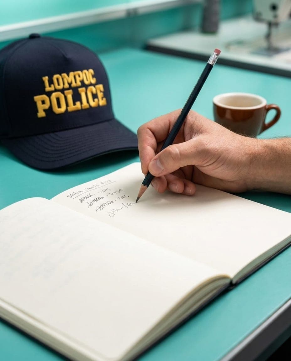 A hand taking notes in a notebook next to a finished embroidered cap