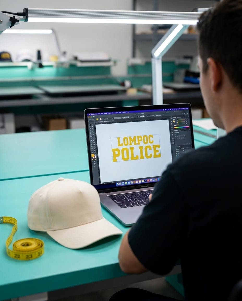 A designer showing logo proposals on a laptop next to an unstitched cap