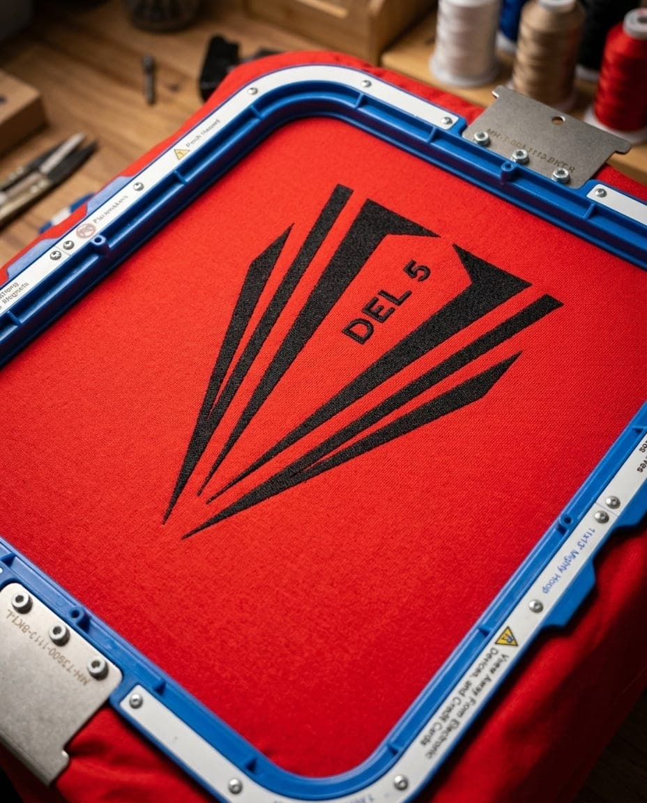 A printed logo proof held up against a finished embroidered cap