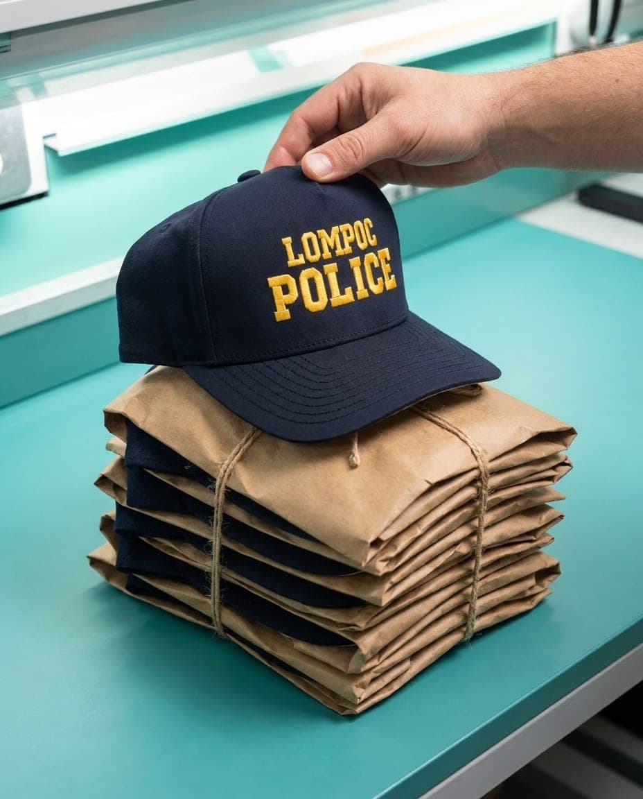 A hand placing an embroidered cap on a kraft-paper-wrapped stack